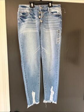 Light Blue High-Rise Distressed Ankle Jeans with Button-Fly